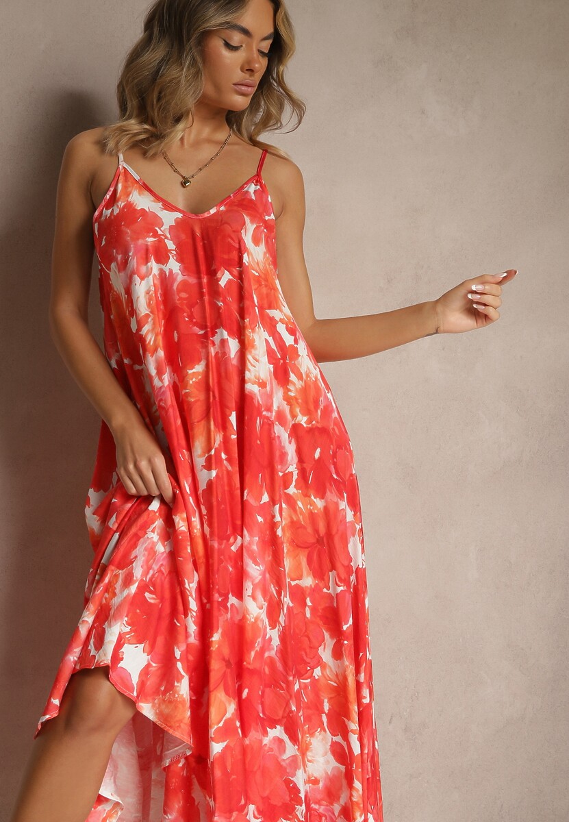 Czerwona Wiskozowa Sukienka Ozdobiona Abstrakcyjnym Motywem Nillosea