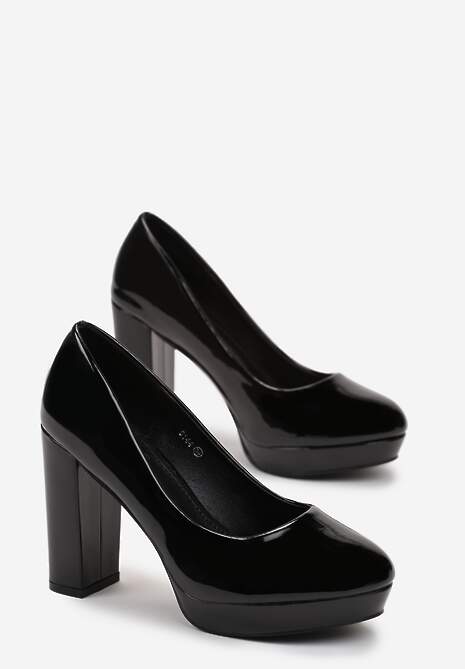 Czarne Czółenka na Słupku i Platformie z Lakierowanej Ekoskóry Glimexa