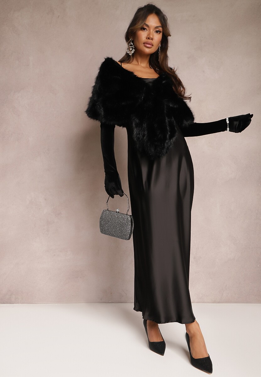 Czarne Ponczo w Ozdobne Futerko Inesema