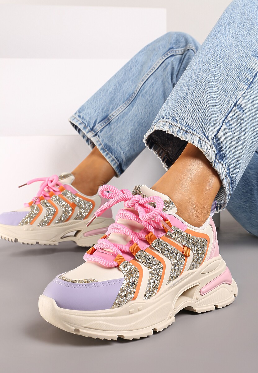 Beżowo-Fioletowe Sznurowane Sneakersy na Platformie Ozdobione Brokatem Ewla