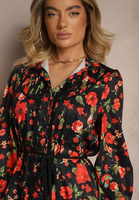 Czarna Rozkloszowana Sukienka z Koronkowymi Wstawkami i Sznurkiem Payten