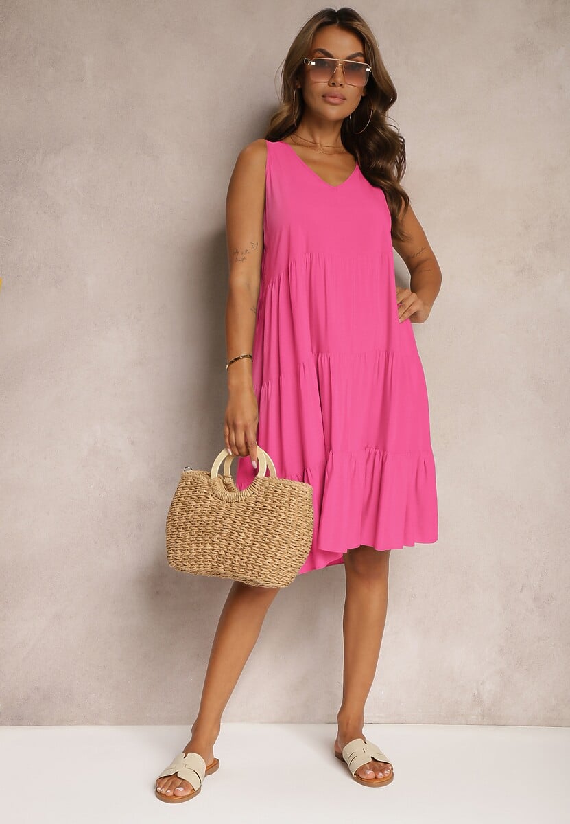 Fuksjowa Bawełniana Sukienka o Rozkloszowanym Kroju Bez Rękawów Gladea