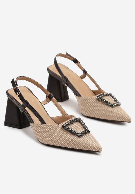 Czarne Sandały na Słupku Typu Slingback Ozdobione Cyrkoniową Aplikacją Koriarre