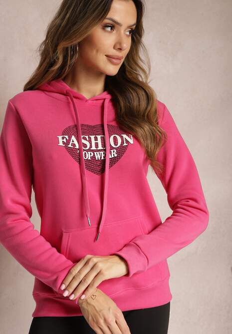 Różowa Bluza Kangurka Ocieplona Polarem z Ozdobnym Nadrukiem Elili