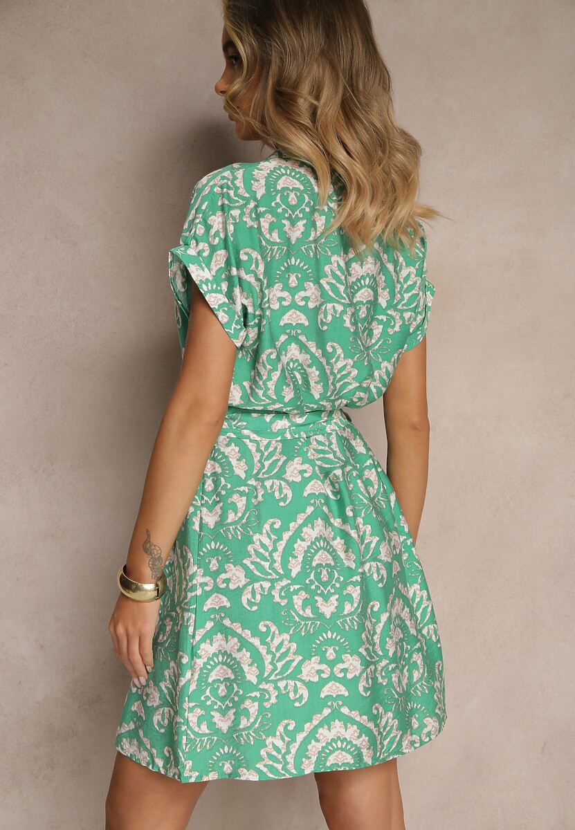 Zielona Sukienka o Pudełkowym Kroju z Materiałowym Paskiem w Talii Namsionne