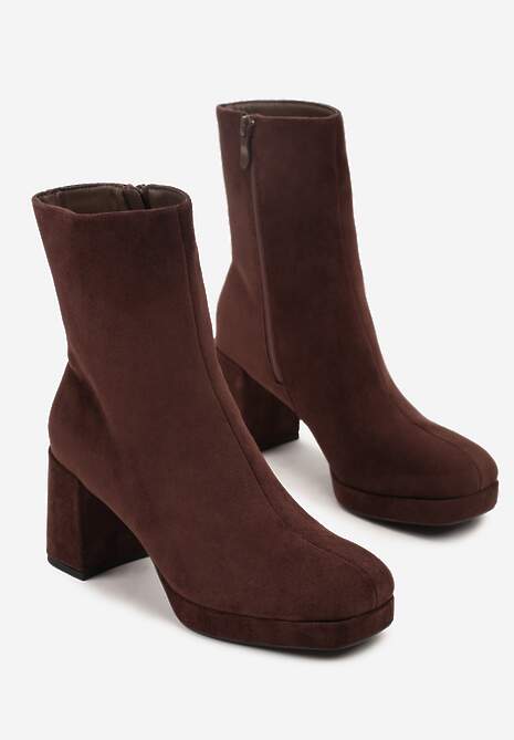 Brązowe Botki Vices na Platformie i Słupku Ozdobione z Kwadratowym Noskiem Faleanna