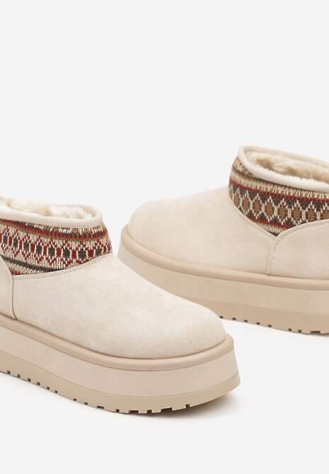 Beżowe Śniegowce na Wysokiej Platformie Ozdobione Wzorzystą Wstawką Sinalora