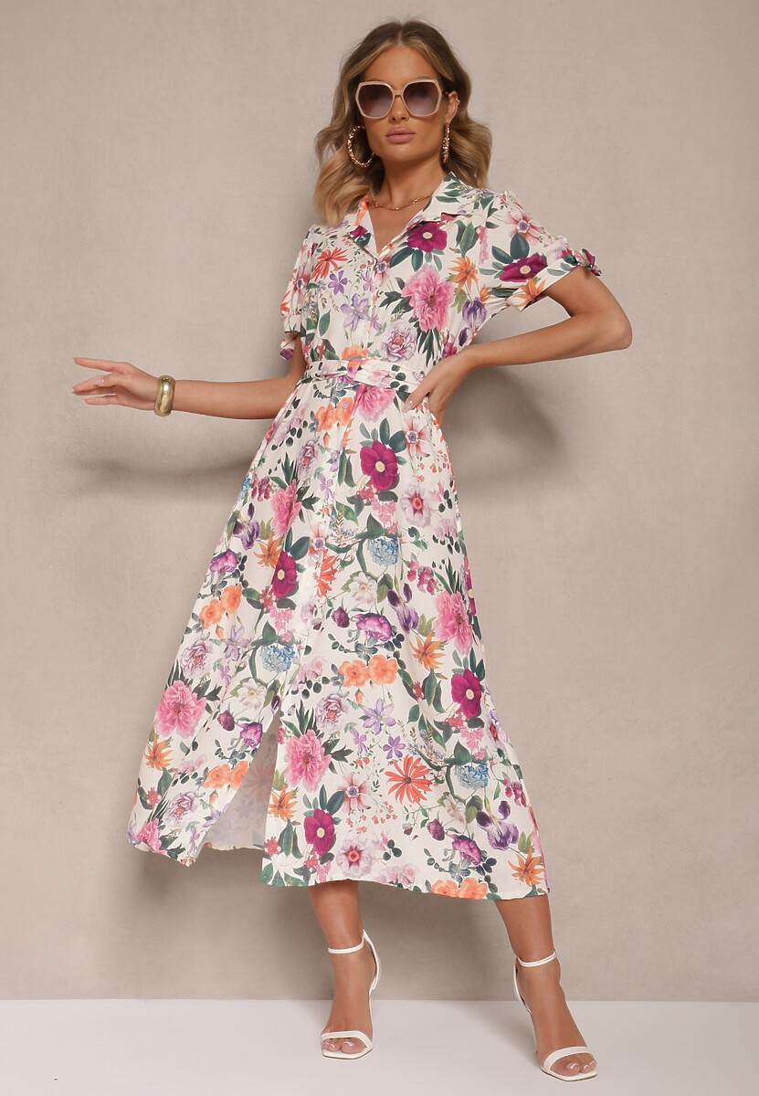 Jasnobeżowa Koszulowa Sukienka w Kwiaty o Rozkloszowanym Fasonie z Paskiem Fevalirra