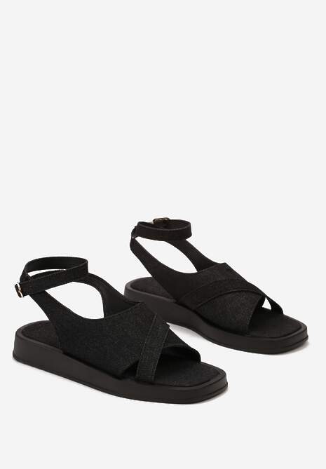 Czarne Sandały Na Płaskiej Podeszwie z Szerokim Zapinanym Paskiem Imarra