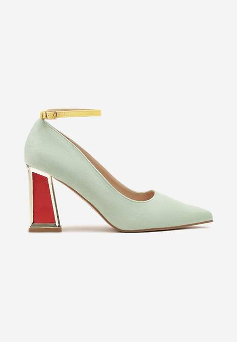 Jasnozielone Czółenka na Słupku Ozdobione Paskiem i Metaliczną Aplikacją Lannethe