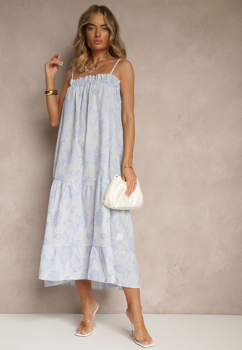 Niebieska Bawełniana Sukienka o Rozkloszowanym Kroju w Kwiaty Meralisa