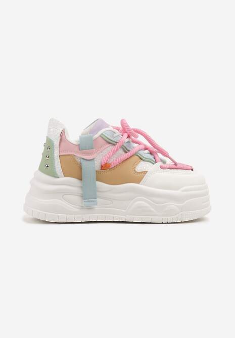 Biało-Różowe Sneakersy w Streetwearowym Stylu na Tłoczonej Platformie z Brokatem Mailienne