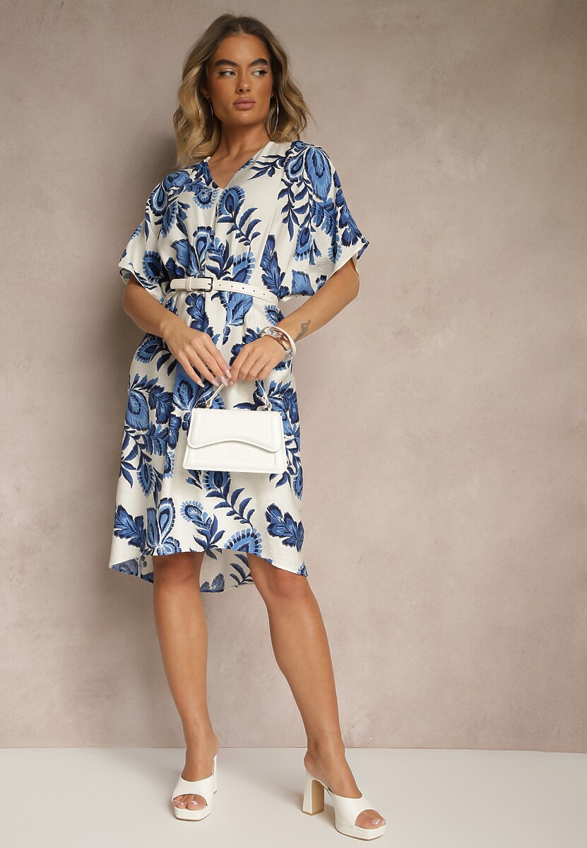 Niebieska Sukienka z Wiskozą Lnem i Cyrkoniami Sadevore