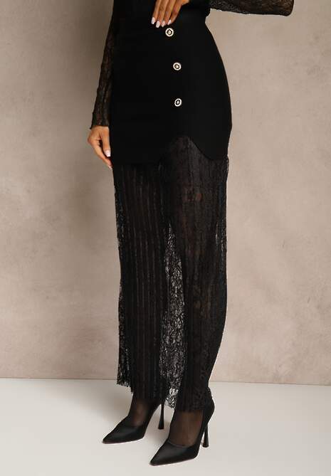 Czarna Spódnica z Dzianiny z Wiskozą z Koronkowym Dołem Zdobiona Guzikami Sewune
