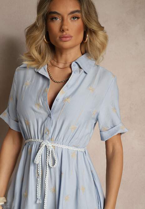 Niebieska Koszulowa Sukienka z Wiskozy o Rozkloszowanym Kroju z Wiązaniem Liselithra