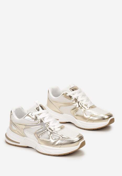 Biało-Złote Sneakersy ze Wstawkami z Ekoskóry na Grubej Podeszwie Elperna