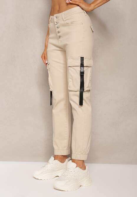 Jasnobeżowe Spodnie z Bawełny Joggery High Waist Abiranca