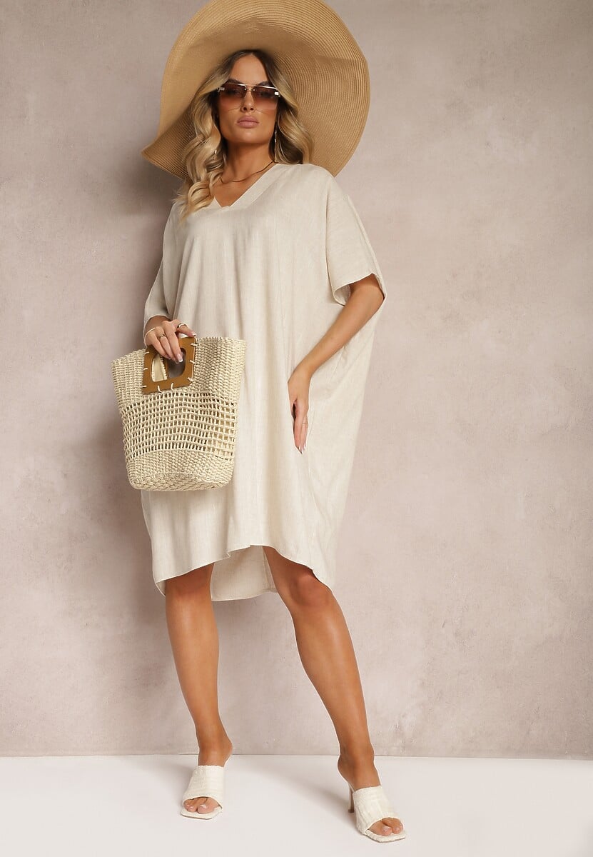 Beżowa Pudełkowa Sukienka z Bawełny z Krótkim Rękawem i Trójkątnym Dekoltem Vikana