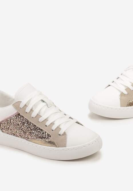 Biało-Złote Sneakersy na Płaskiej Podeszwie z Ozdobnymi Wstawkami i Brokatem Jivina