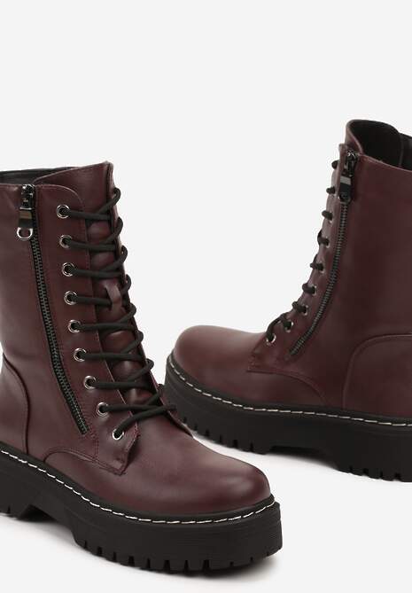 Bordowe Botki Workery na Grubej Podeszwie Ozdobione Dodatkowym Suwakiem Tiriary
