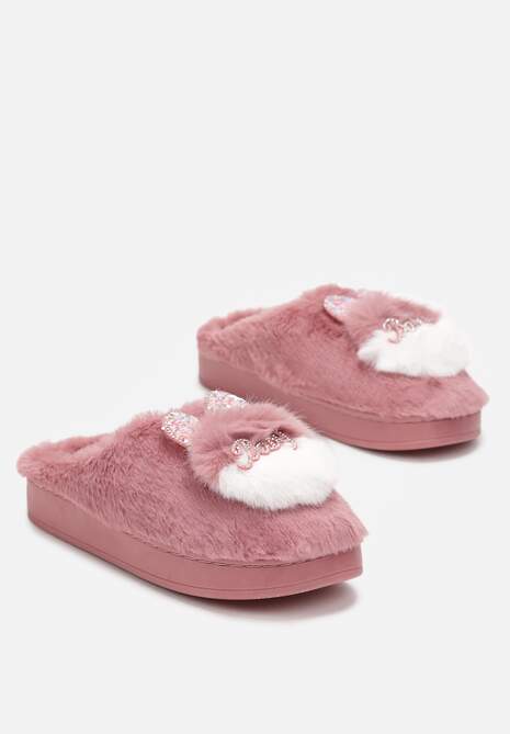 Ciemnoróżowe Płaskie Kapcie z Aplikacją 3D w Kształcie Króliczka Munere