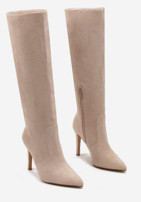 Beżowe Kozaki przed Kolano na Szpilce z Noskiem w Szpic Modara