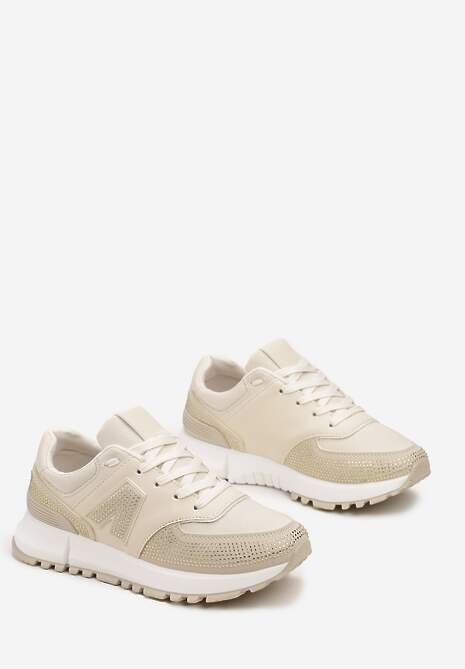 Beżowe Sneakersy Ozdobione Cyrkoniami na Podeszwie z Wycięciami Larzive