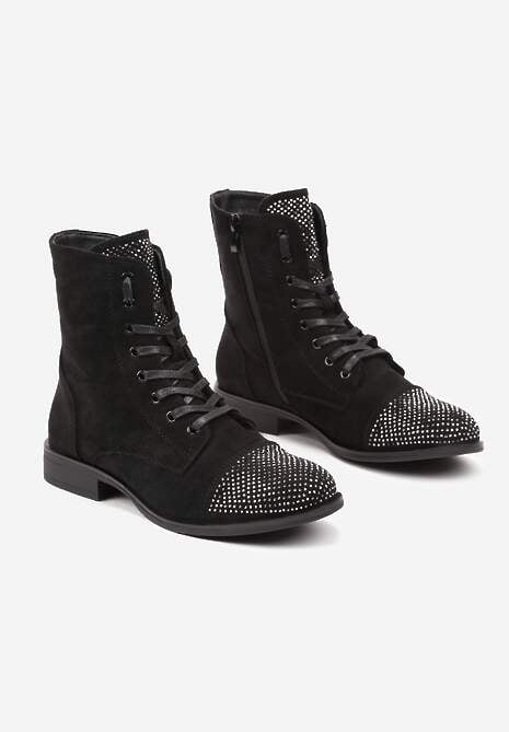 Czarne Botki na Płaskiej Podeszwie ze Sznurowaniem i Cyrkoniami Innama
