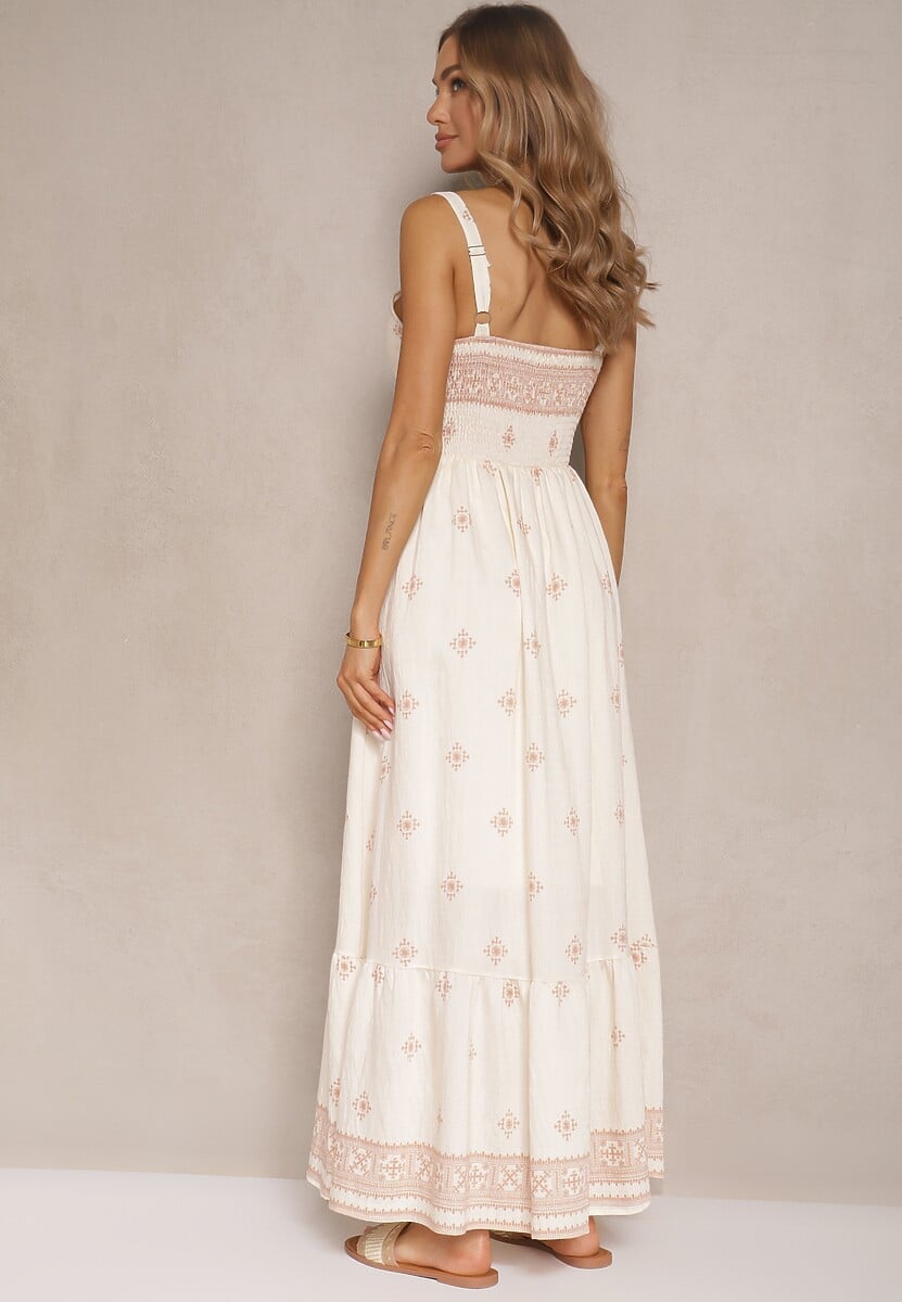 Beżowa Sukienka z Wiskozą o Rozkloszowanym Kroju na Ramiączkach w Boho Print Leaella