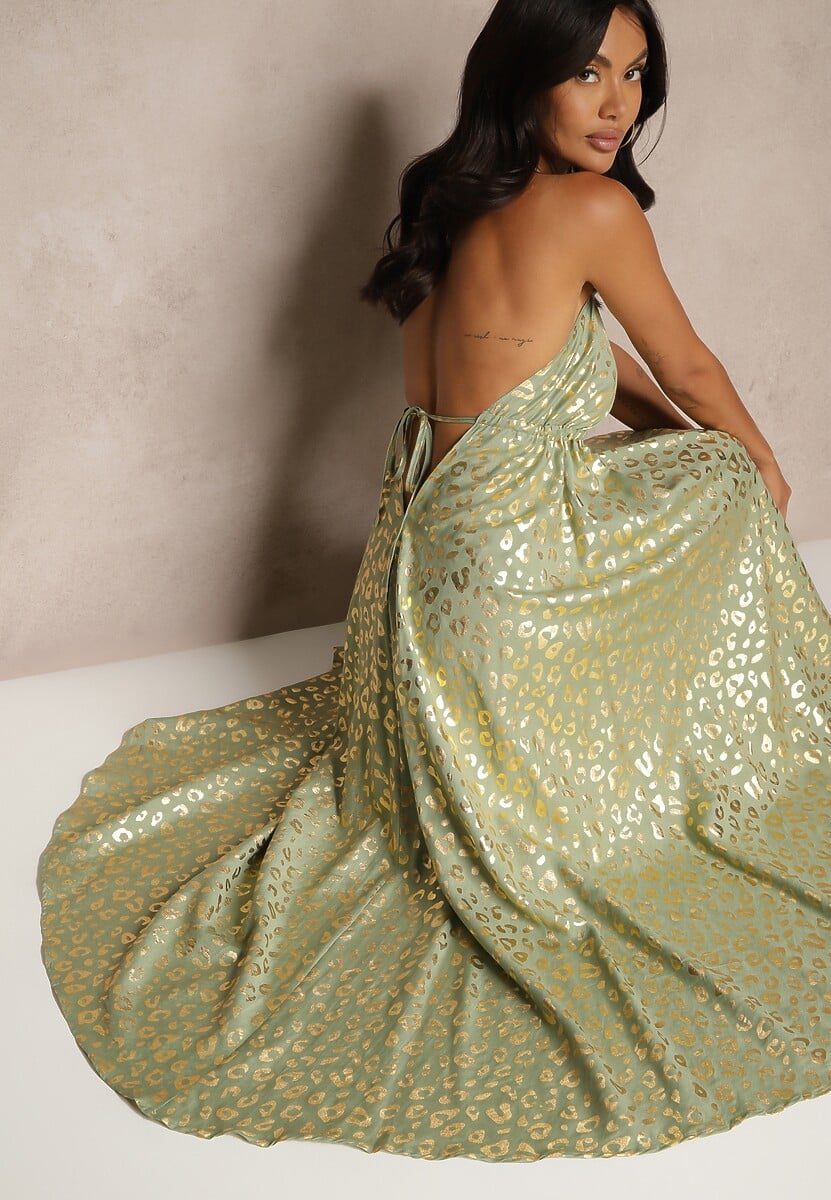 Biała Wiskozowa Sukienka Halter Zdobiona Metalicznym Nadrukiem w Panterkę Linaruna