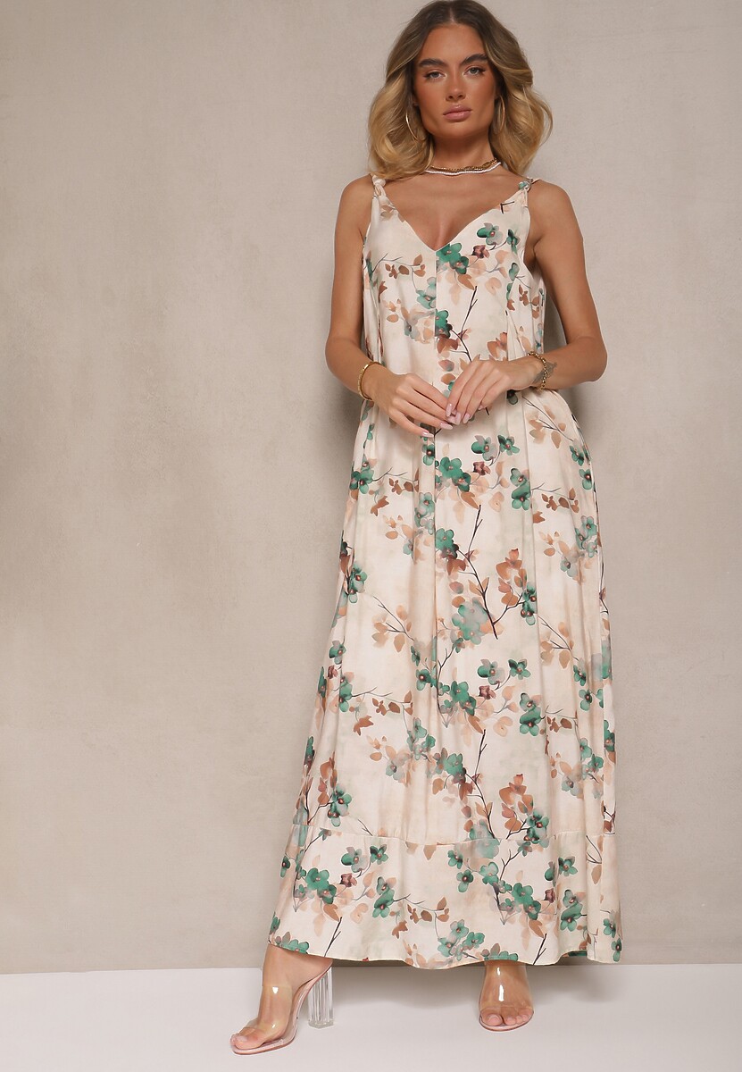 Beżowo-Zielona Rozkloszowana Sukienka na Ramiączkach z Wiskozą w Kwiatowy Wzór Jenariona