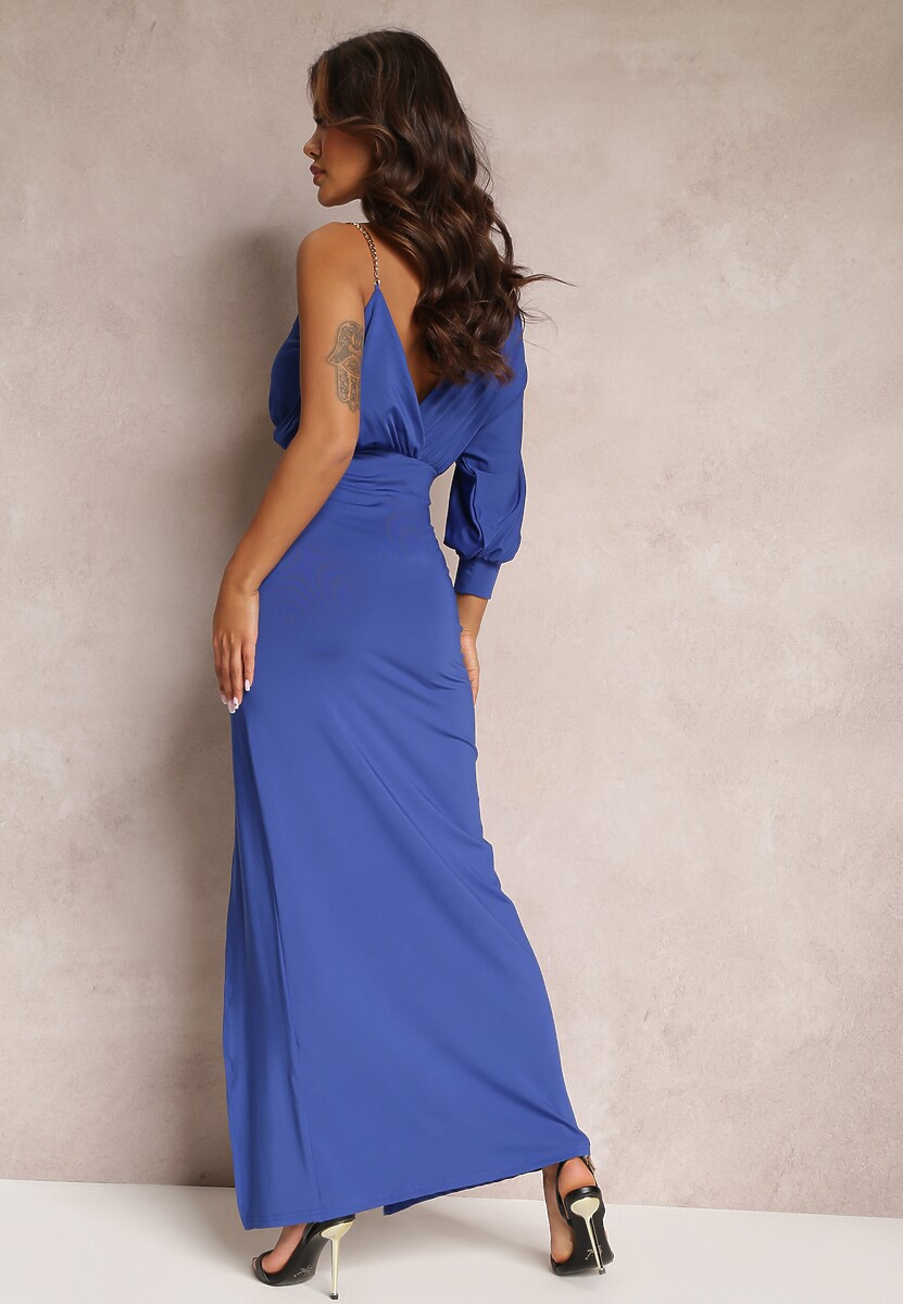 Granatowa Asymetryczna Sukienka z Gumką w Pasie i Łańcuszkiem Przy Ramieniu Jisse