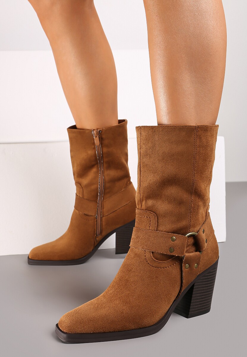 Brązowe Botki Bikery na Słupku Ozdobione Paskiem Miavella