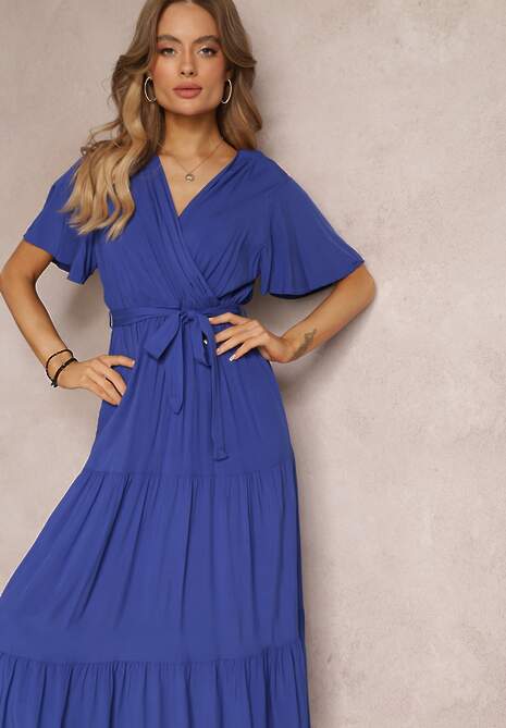 Granatowa Rozkloszowana Sukienka z Wiązanym Paskiem Adotine