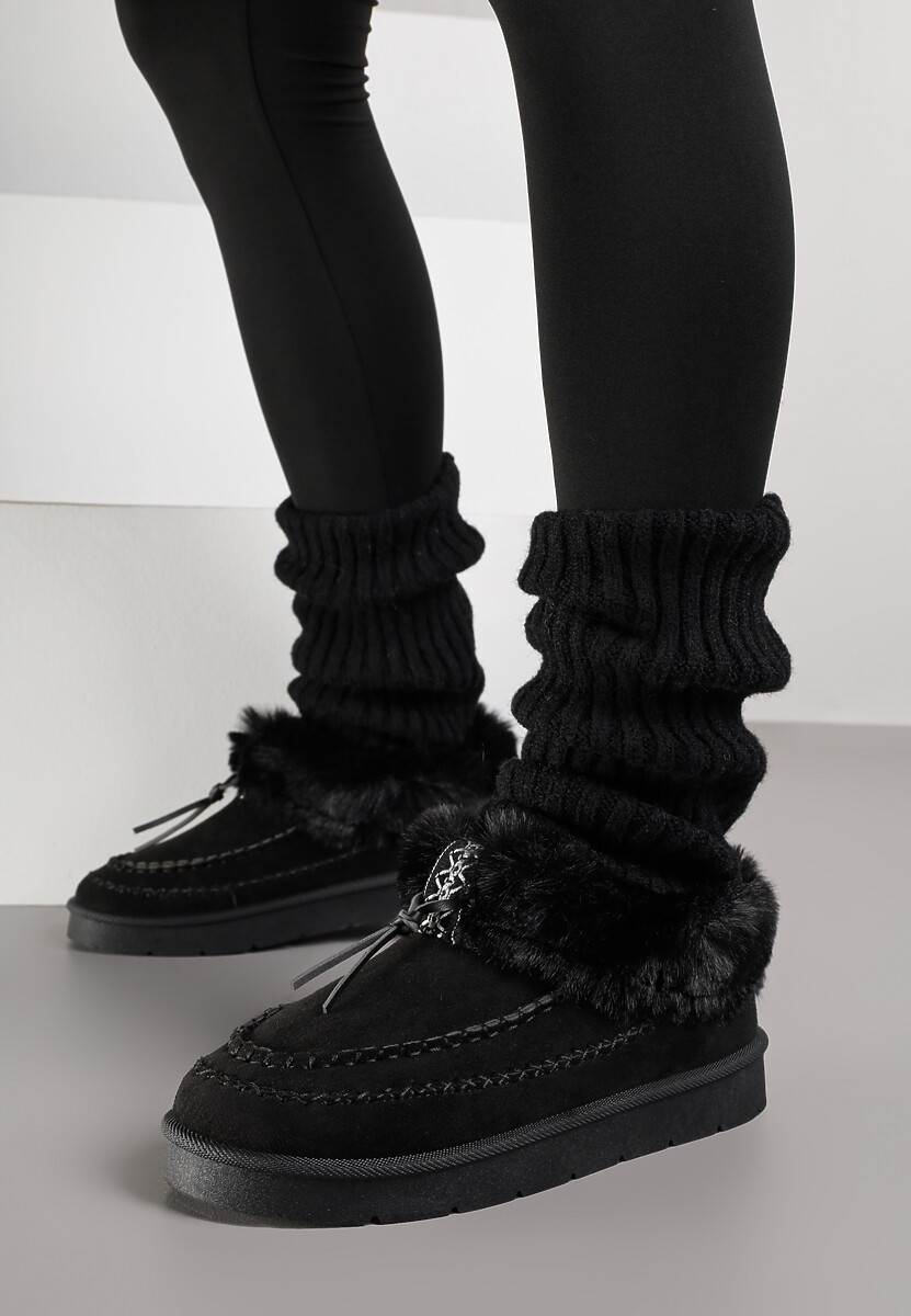 Czarne Śniegowce na Platformie Ozdobione Haftem i Futerkiem Linedis