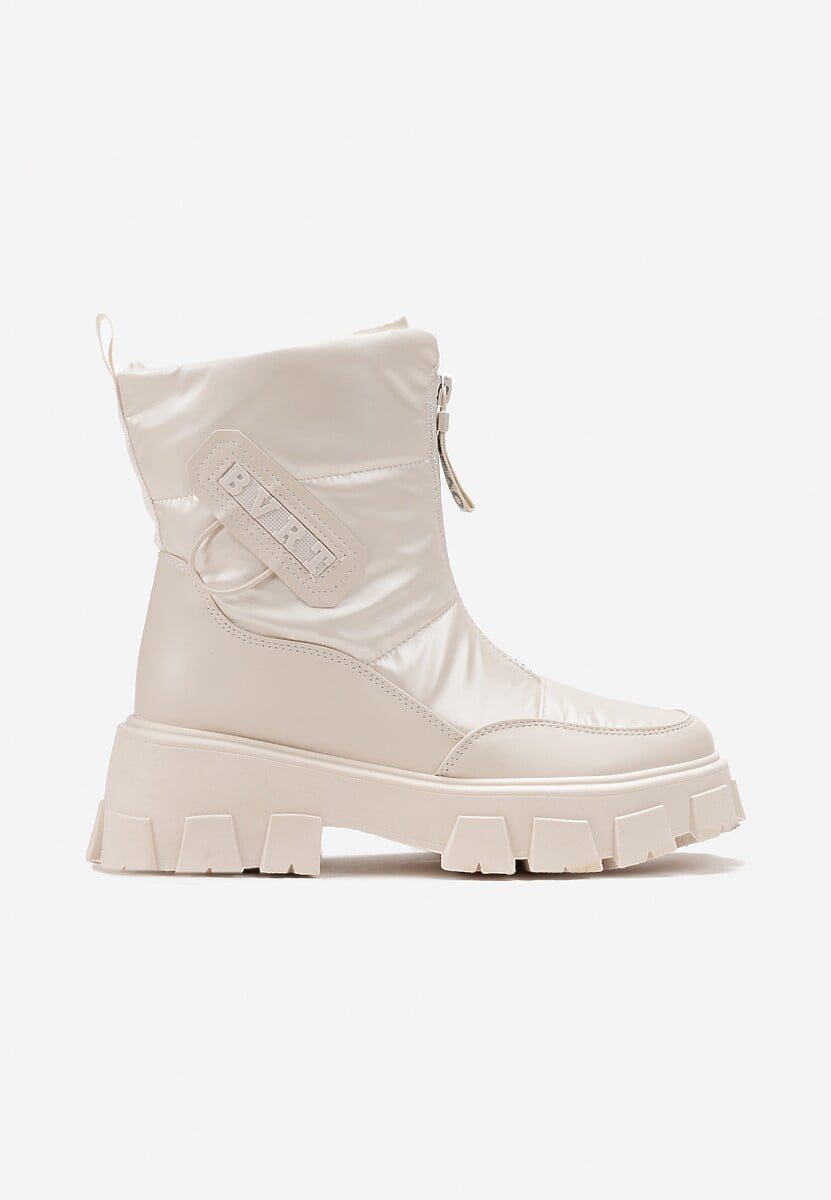 Beżowe Śniegowce z Ekoskóry z Ozdobnym Suwakiem i Napisem Veneria