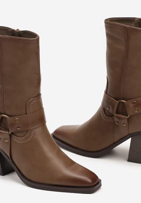 Ciemnobeżowe Ocieplane Botki na Stożkowym Obcasie z Ozdobną Klamrą Verinique