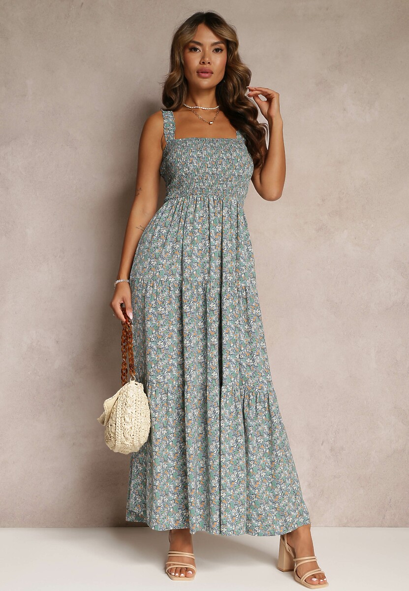 Jasnoniebieska Rozkloszowana Sukienka w Kwiaty na Ramiączkach Malaisia