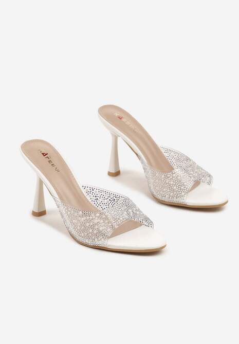 Białe Przezroczyste Klapki na Szpilce z Cyrkoniami Nelfia