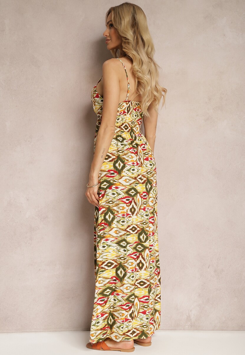 Żółto-Zielona Wiskozowa Sukienka z Dekoltem w Serek z Regulowanymi Ramiączkami i Gumką w Talii Bellastar