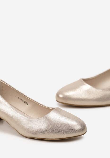 Złote Błyszczące Czółenka na Niskim Słupku ze Skórzaną Wkładką Grisela
