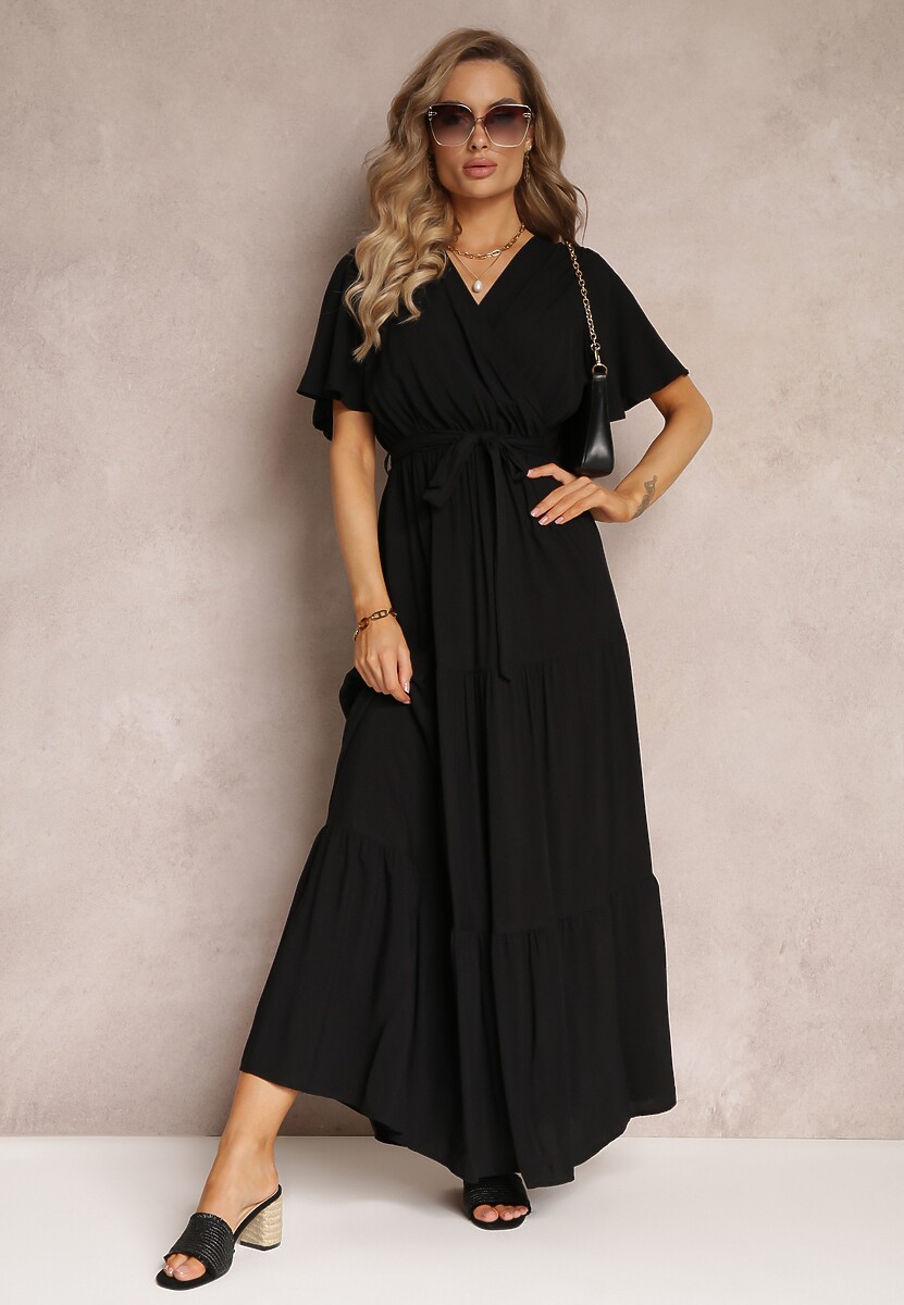 Czarna Rozkloszowana Sukienka z Wiązanym Paskiem Adotine