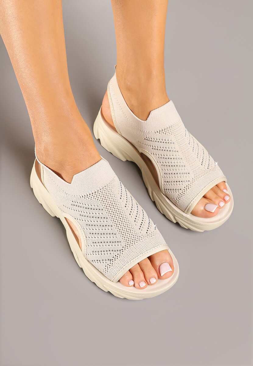 Beżowe Sandały Sportowe z Elastyczną Cholewką i Cyrkoniami Itaniel