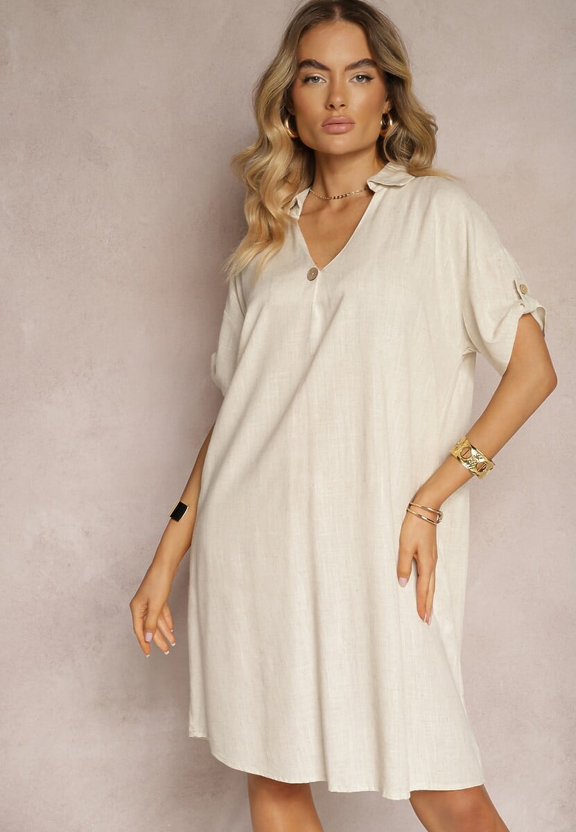 Beżowa Bawełniana Sukienka o Pudełkowym Kroju z Rękawami z Regulacją Elonea