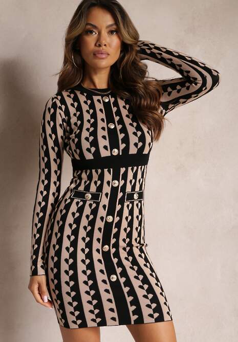 Ciemnobeżowa Dopasowana Sukienka Dzianinowa w Geometryczny Wzór Grimau