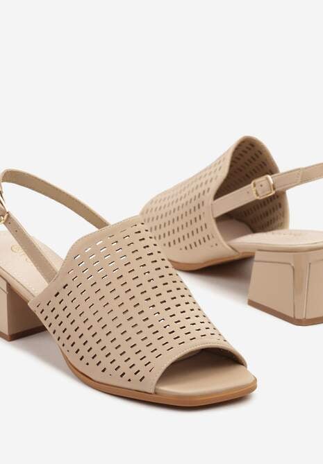 Beżowe Ażurowe Sandały na Słupku ze Skórzaną Wkładką Tirlia