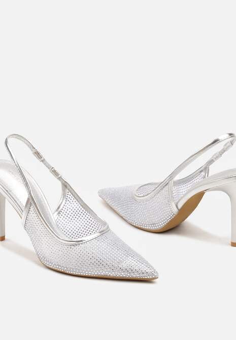 Srebrne Cyrkoniowe Szpilki ze Szpiczastym Noskiem i Odsłoniętą Piętą Sanaraia