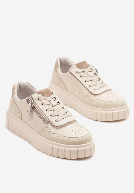 Beżowe Streetwearowe Sneakersy ze Skóry Naturalnej z Ozdobnym Suwakiem Eleavenna