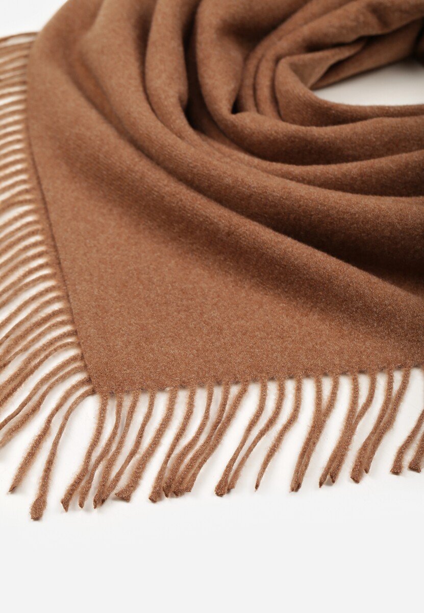 Jasnobrązowy Bawełniano-Wiskozowy Szalik w Kształcie Trójkąta z Frędzlami Vetisara