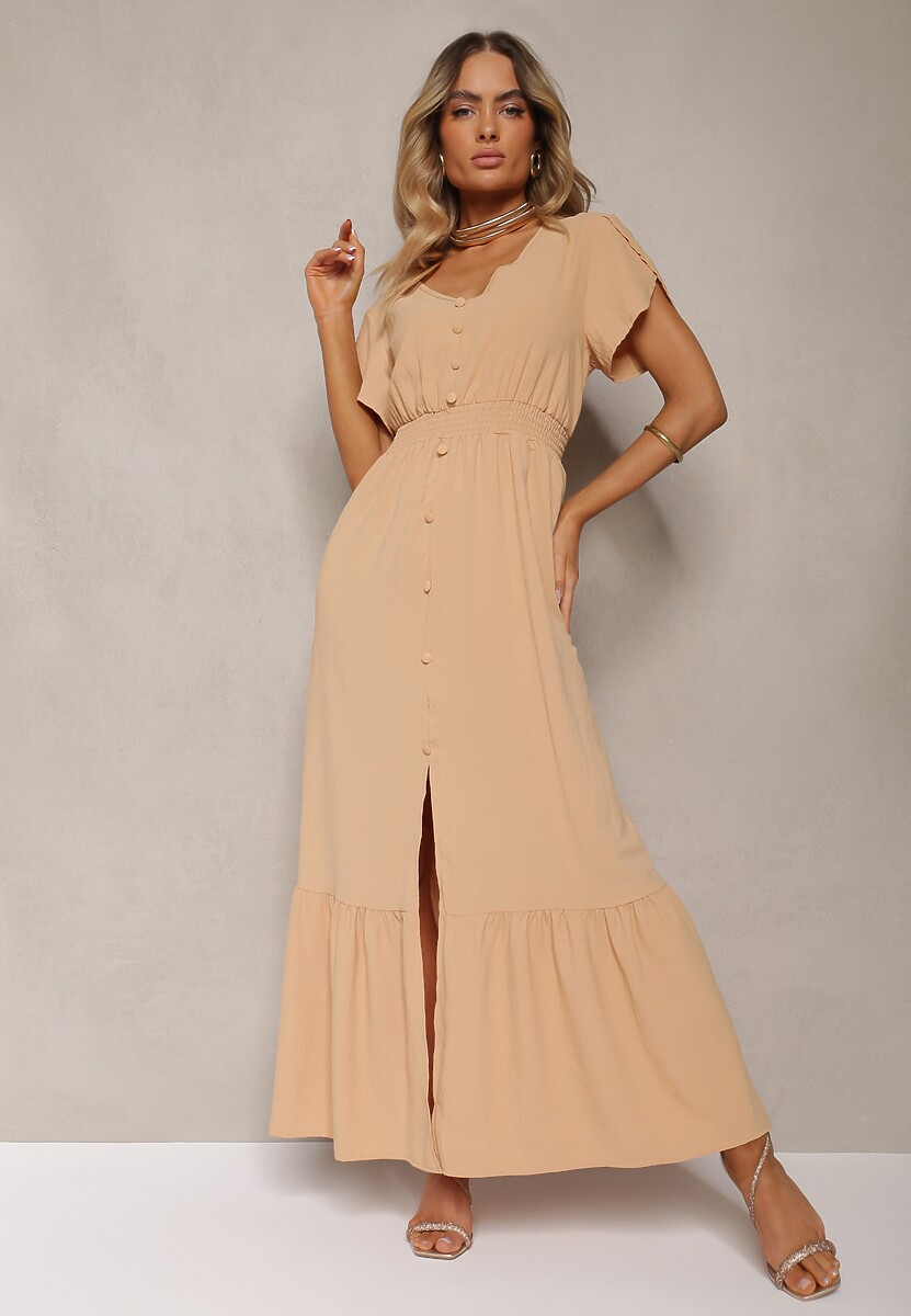 Ciemnobeżowa Rozkloszowana Sukienka z Gumkami w Talii z Guzikami i Rozcięciem Gafia
